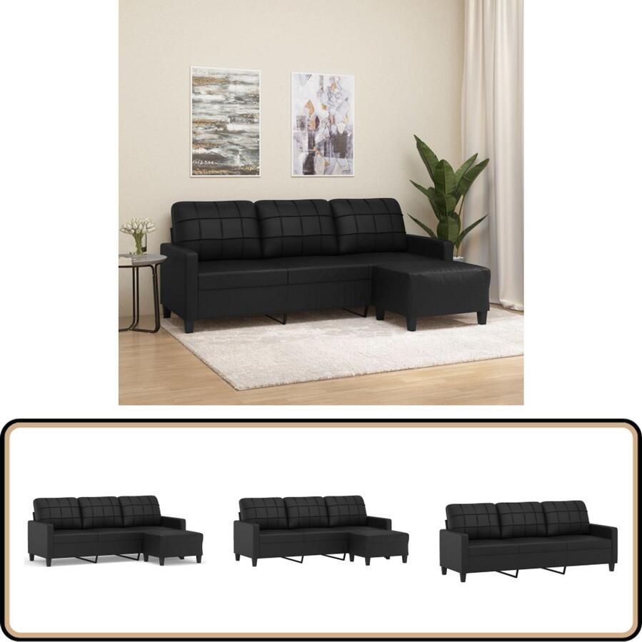 VidaXL Driezitsbank met voetenbank Zwart Kunstleer Drie Zitsbank Salonmeubilair Hoekbank Lederlook Kunstleder Sofa