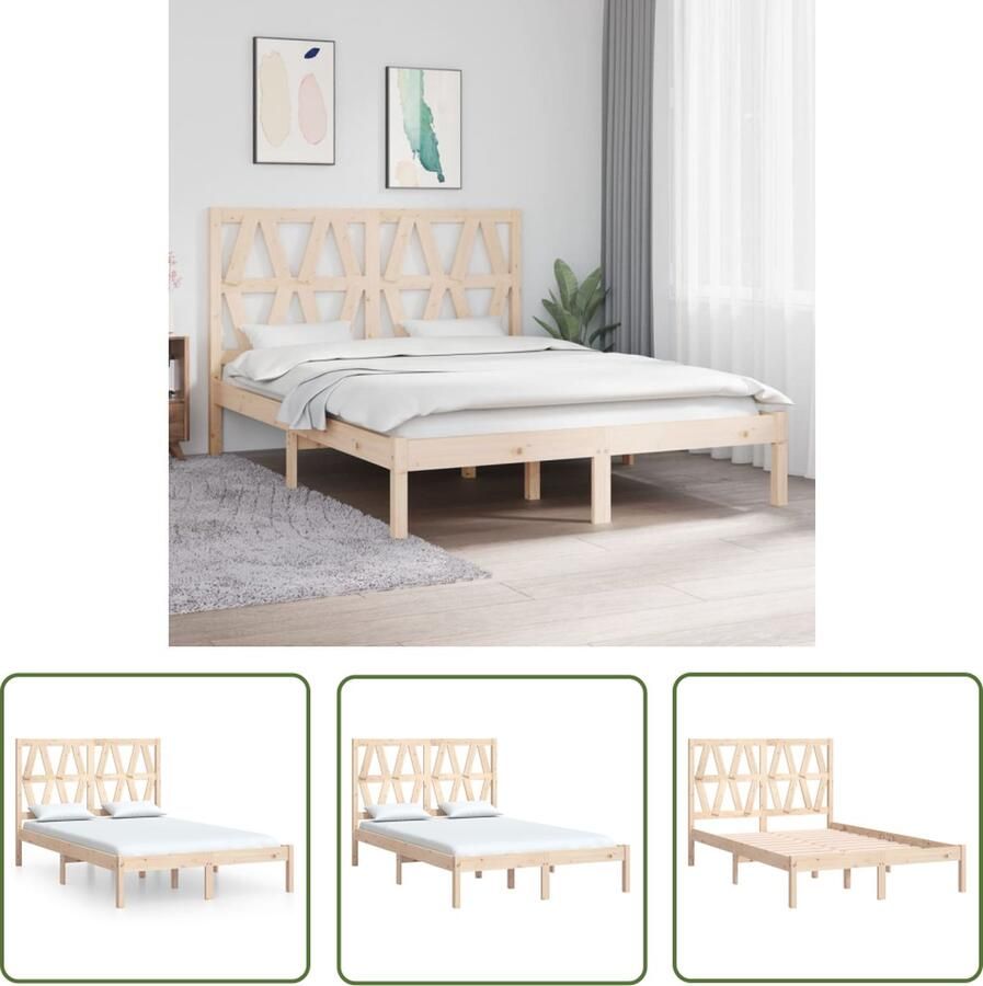 The Living Store Bedframe Grenenhout Double 195.5x140.5x31cm Massief Onbehandeld Massief Grenenhout Bedframe Dubbel Bed Houten Bed Met Hoofdbord Vintage Bed