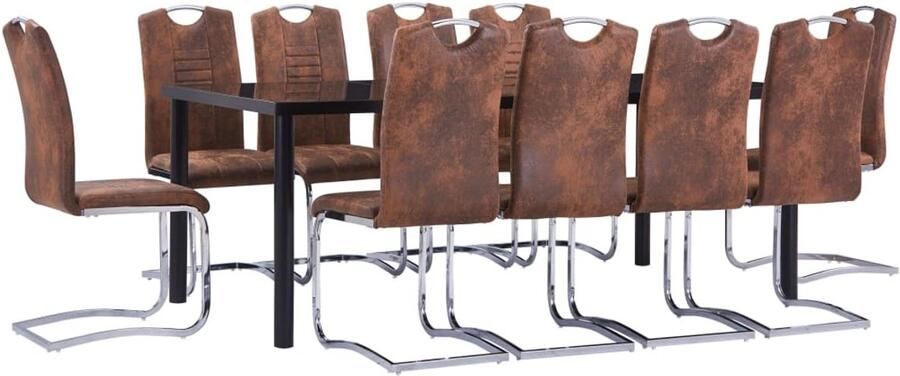 VidaXL Eethoek 11-Delig Kunstsuède Zwart Bruin Eetset Eettafel Eetkamerstoel Salontafel Bruine Meubels