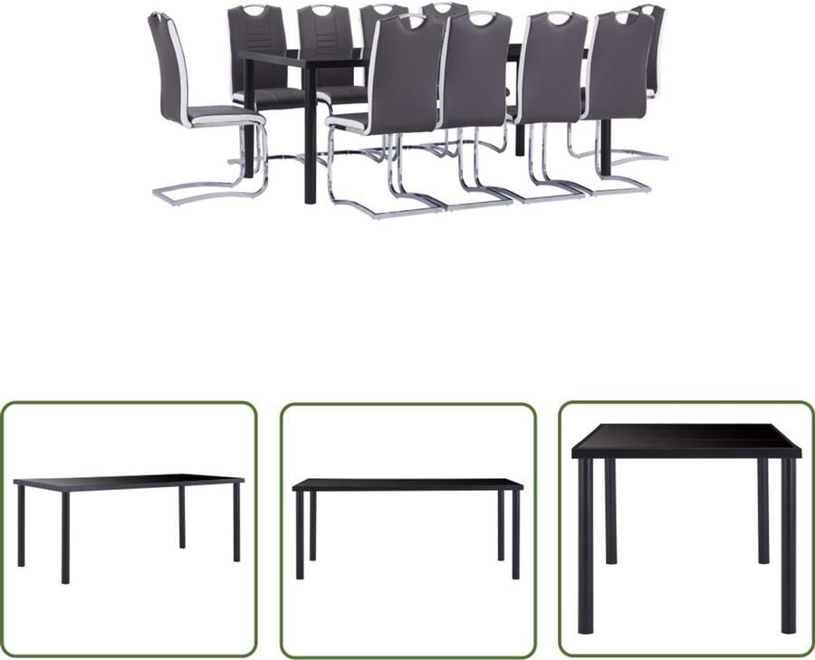 VidaXL Eethoek 11-delig Zwart Glas & Kunstleer Eetkamer Set Eettafel Eetkamerstoelen Zwarte Eettafel Grijze Stoelen Modern Meubilair Salontafel Dining Room Furniture