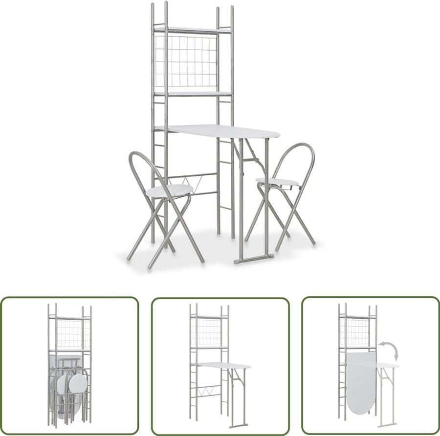 VidaXL Eethoek 3-delig Inklapbaar met opbergrek Bartafel Eetkamerstoel Bistrotafels Tuinmeubilair Buitenmeubilair Multifunctioneel Meubel Klaptafeltje Compact Tafeltje Witte Keuken