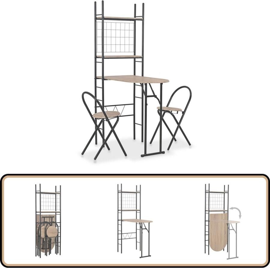 VidaXL Eethoek 3-delig Inklapbaar Met Opbergrek Bartafel Houten Tafel Metalen Tafel Eetkamerstoel Klaptafeltje Multifunctionele Tafel Salontafel Compact Design Opbergruimte - Foto 2