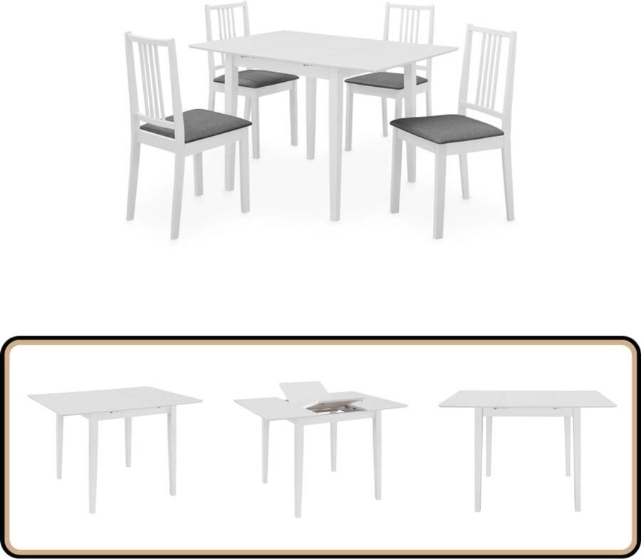 VidaXL Eethoek 5-delig Wit Rubberwood & MDF Eetkamer Set Eettafel Eetkamerstoel Houten Meubilair Uitbreidbare Tafel