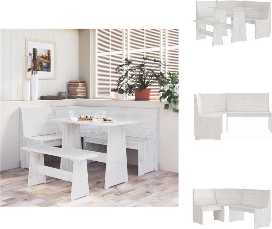 VidaXL Eetmeubelset Massief grenenhout Wit Hoekbank 151 x 118.5 x 85 cm Tafel 100 x 60 x 73 cm Bankje 92 x 28 x 43 cm Set tafel en stoelen