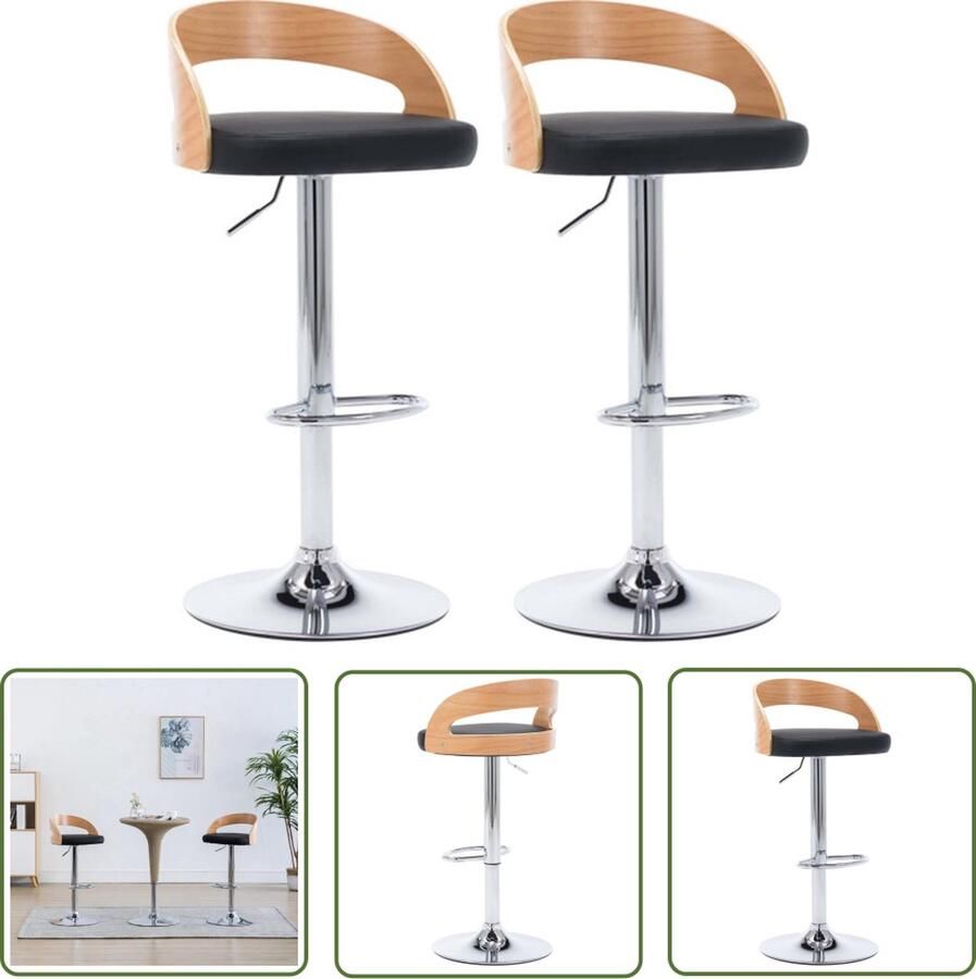 The Living Store Barstoelenset Modern ontwerp Kunstleren zitting Gebogen hout en metaal Verstelbaar Zwart en lichtbruin 46.5 x 45 x (80-100.5) cm Barstoel Eetkamer Stoel Lounge Stoel Zwarte Barstoel Bruine Barstoel - Foto 2