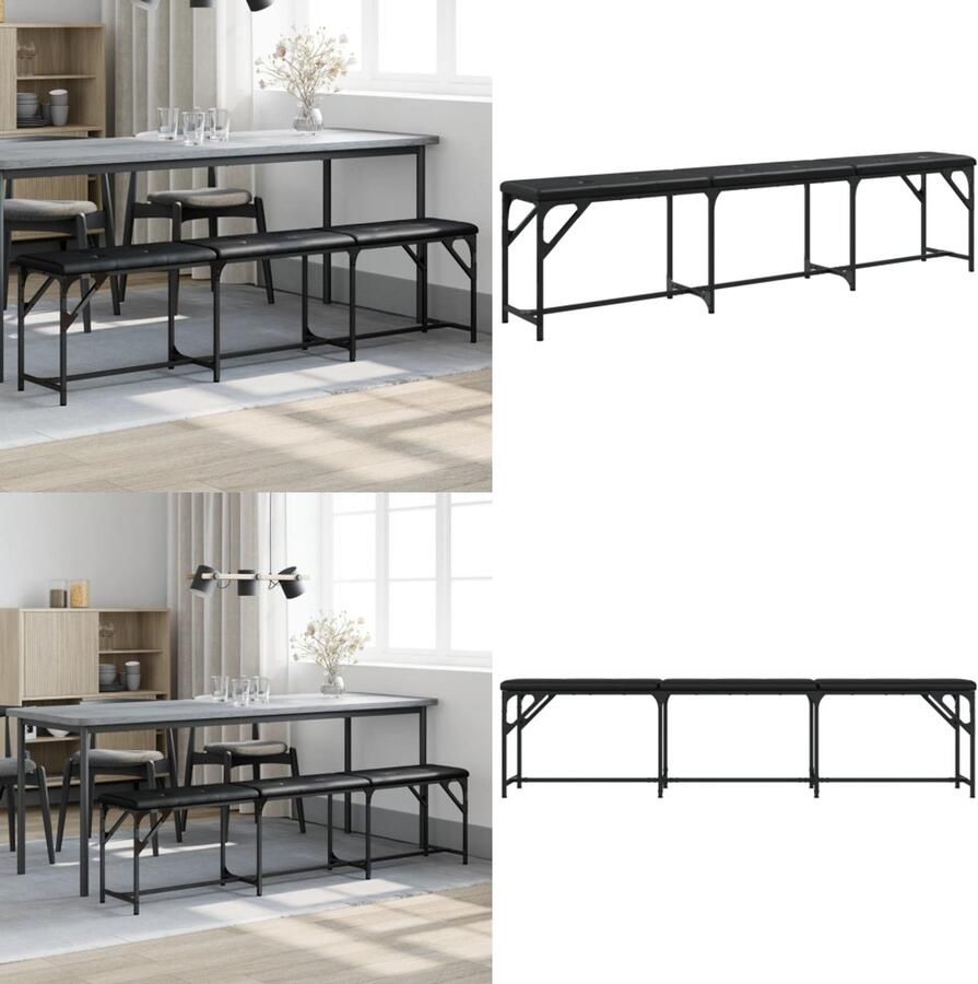 VidaXL Eetkamerbank 186x32x45 cm staal en kunstleer zwart Eetkamerbank Eetkamerbanken Eetkamerbankje Eettafelbank