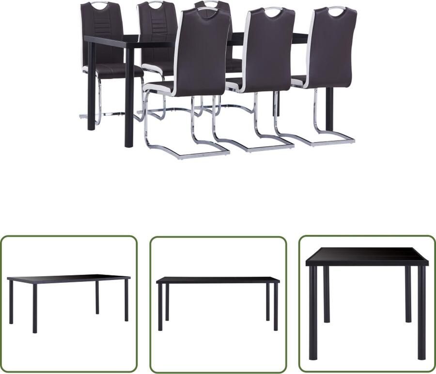 The Living Store Eettafelset Zwart gehard glas en metaal 180 x 90 x 75 cm Bruin kunstleer 6 stoelen Met handvat Montage vereist Eettafels Eetkamers Salontafel Dining Set Meubels