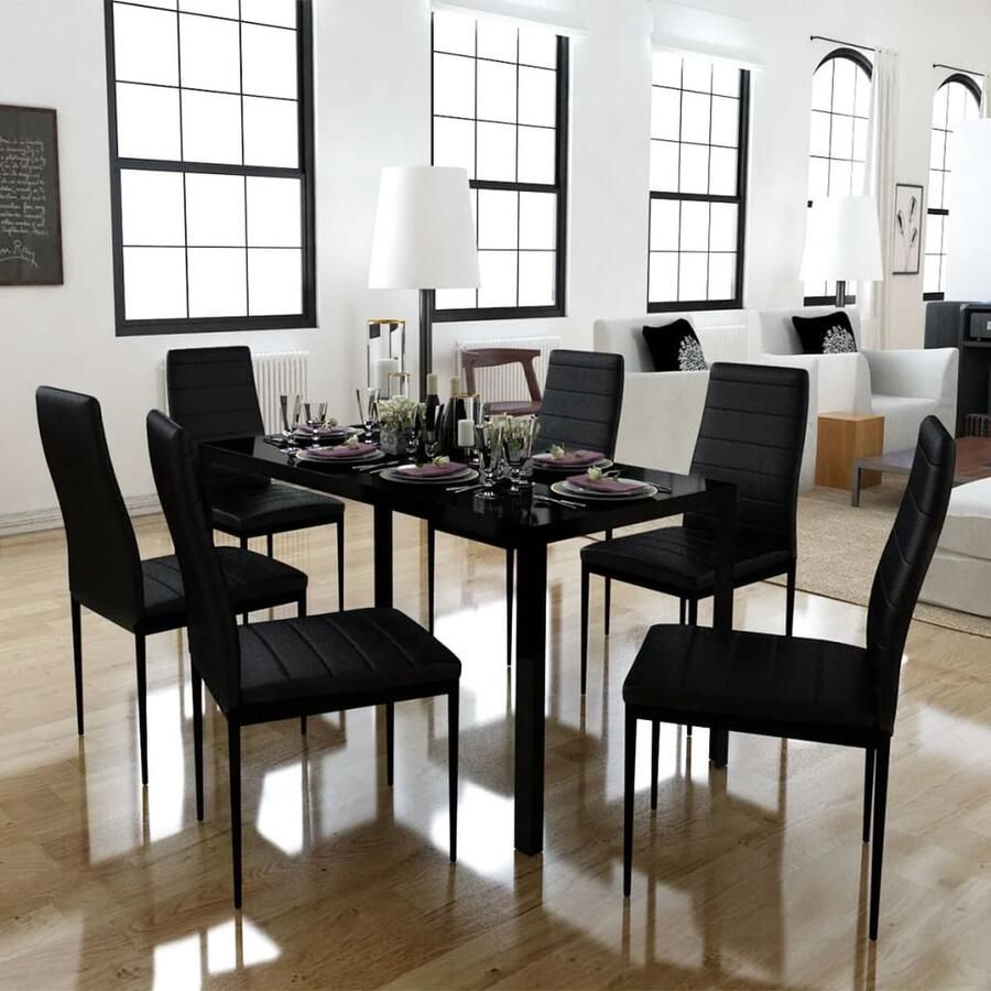 VidaXL Eetkamerset 7-delig Zwart Modern Design Eetkamerset Zwarte Eetkamerset Eettafel Eetkamerstoel Salontafel Meubels Livingroom Furniture Dining Room Furniture Moderner Meubilair Luxe Meubilair Kunstleder - Foto 2
