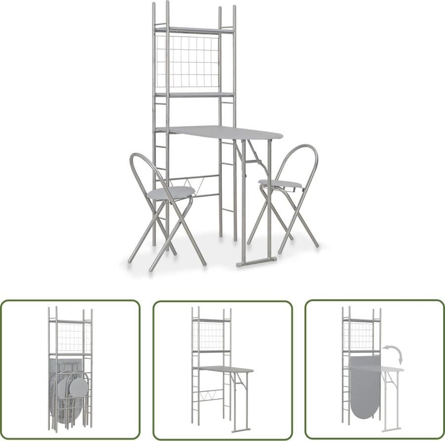 The Living Store 3-delige Eethoek inklapbaar met opbergrek MDF en staal grijs Barset Eetkamerset Bistrotafel Buitenmeubel Terrasmeubel