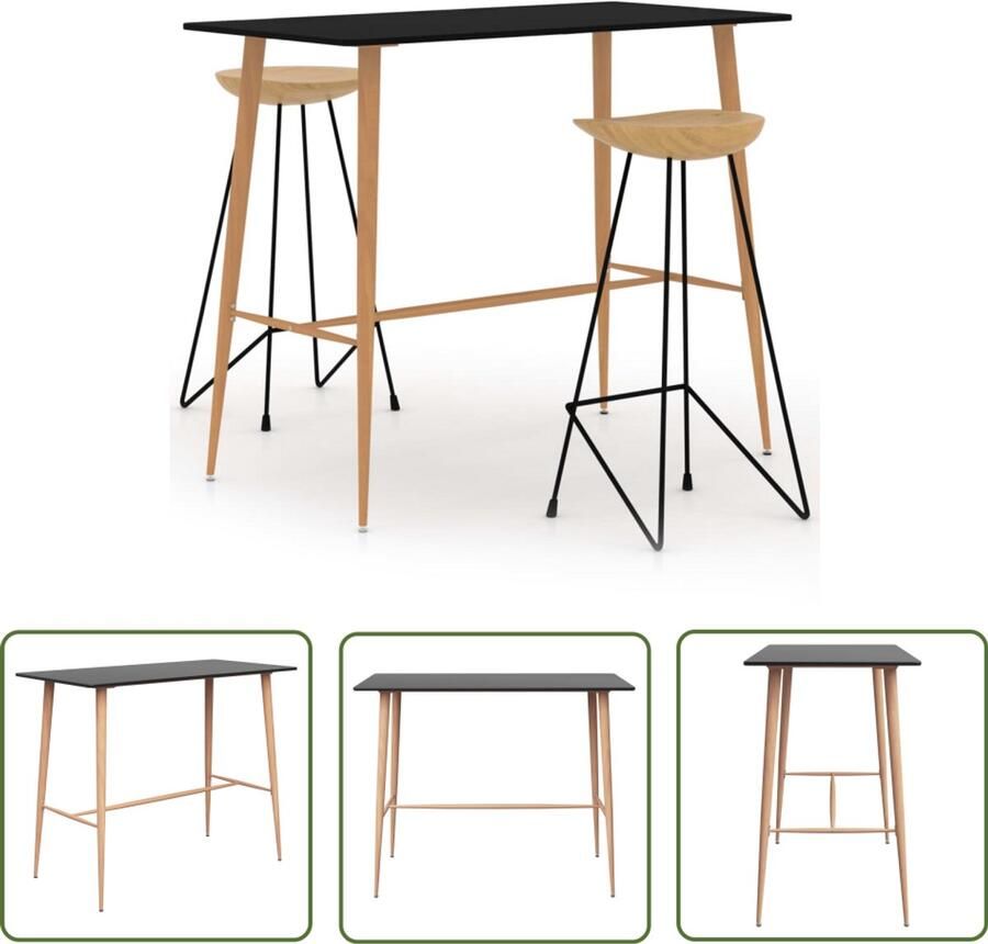 The Living Store 3-delige Barset zwart Bartafel Eetkamerset Tuinset Houten Kruk Teak Meubilair