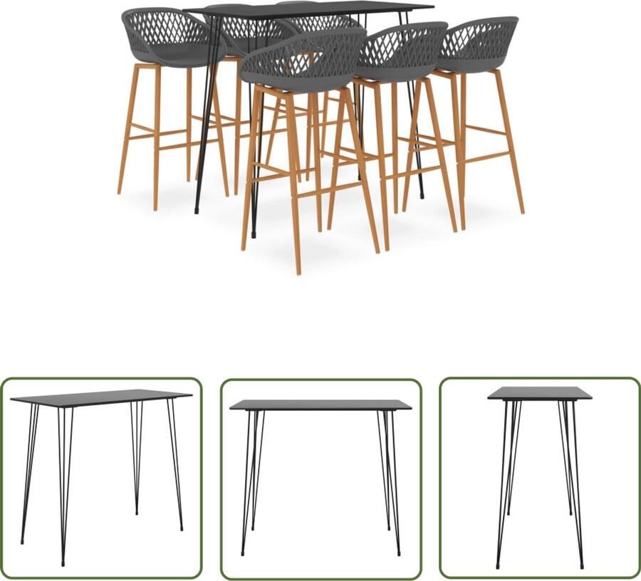 The Living Store 7-delige Barset zwart en grijs Bartafel Set Eetkamerset Zwarte Bartafel Grijze Barkrukken Moderne Meubels