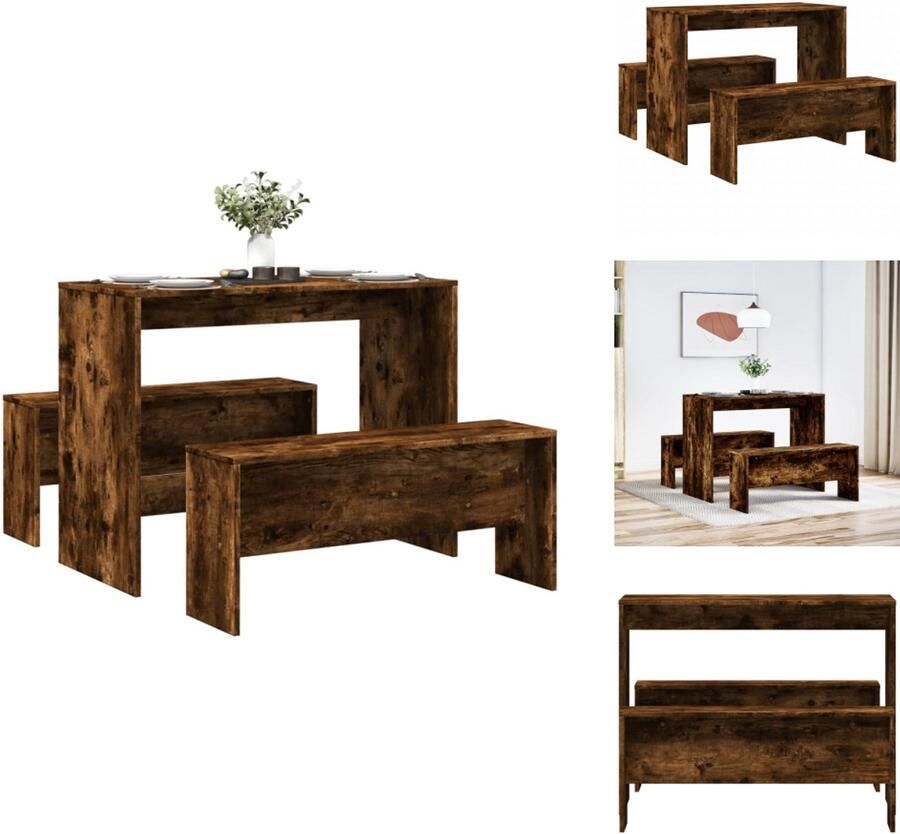 VidaXL Eetkamerset Eetkamersets Eetkamer Set Keukenset 3-delige Eettafel en bankenset bewerkt hout gerookt eikenkleur