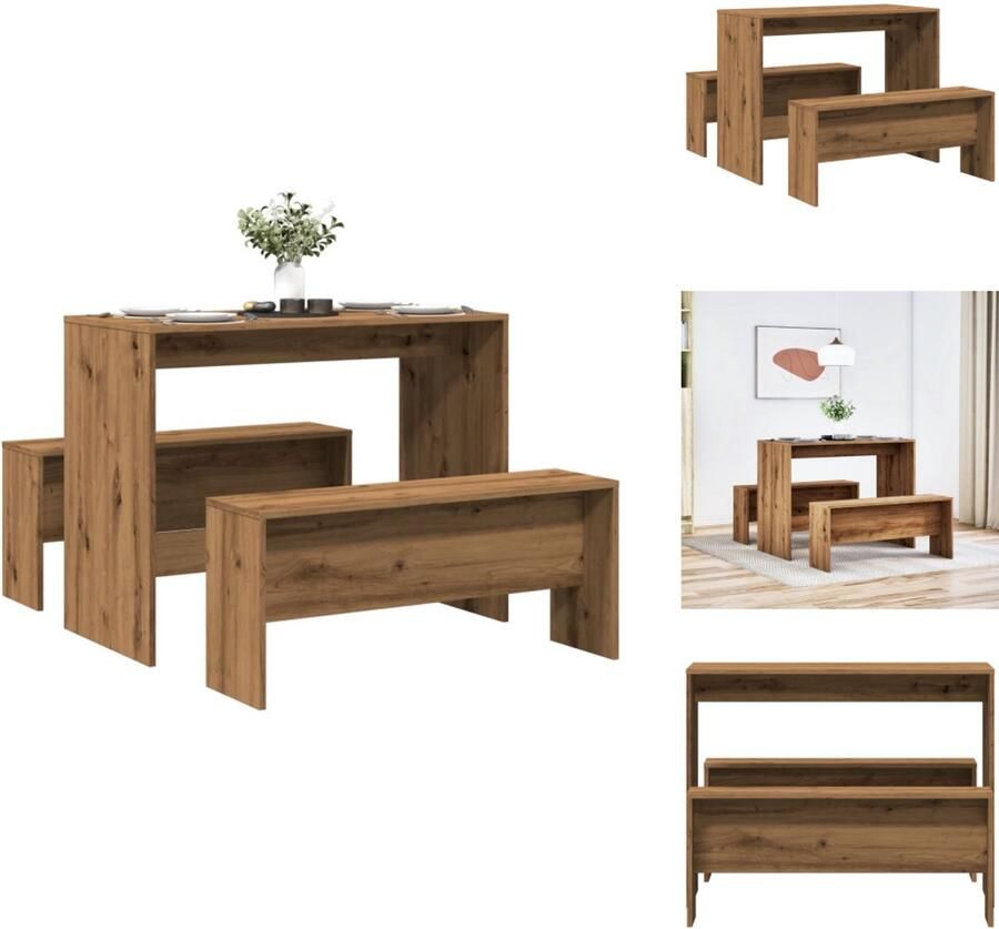 VidaXL Eetkamerset Eetkamersets Eetkamer Set Keukenset 3-delige Eettafel en bankenset bewerkt hout artisanaal eiken