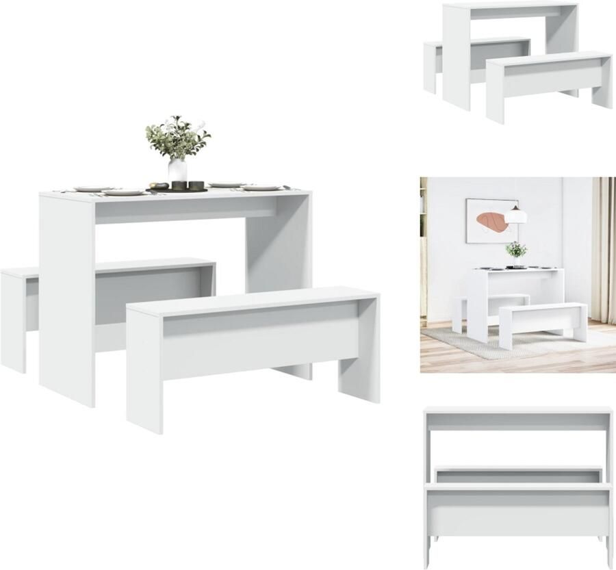 VidaXL Eetkamerset Eetkamersets Eetkamer Set Keukenset 3-delige Eettafel en bankenset bewerkt hout wit