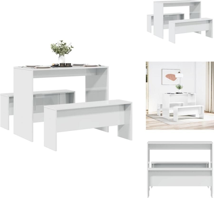 VidaXL Eetkamerset Eetkamersets Eetkamer Set Keukenset 3-delige Eettafel en bankenset bewerkt hout hoogglans wit