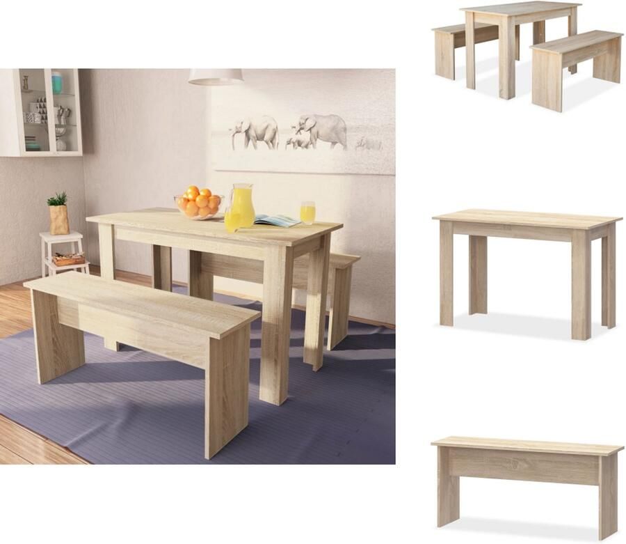 VidaXL Eetkamerset Eetkamersets Eetset Eetsets Eettafel en banken 3 st bewerkt hout eikenkleurig