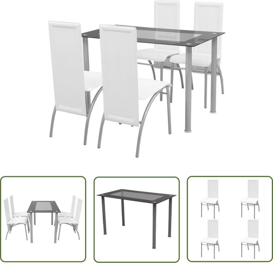 The Living Store Eettafelset 5-delig Staal Glas Wit 120x70x75 cm Eettafels Eetkamerset Eetkamer Meubels Salontafel Diningtable