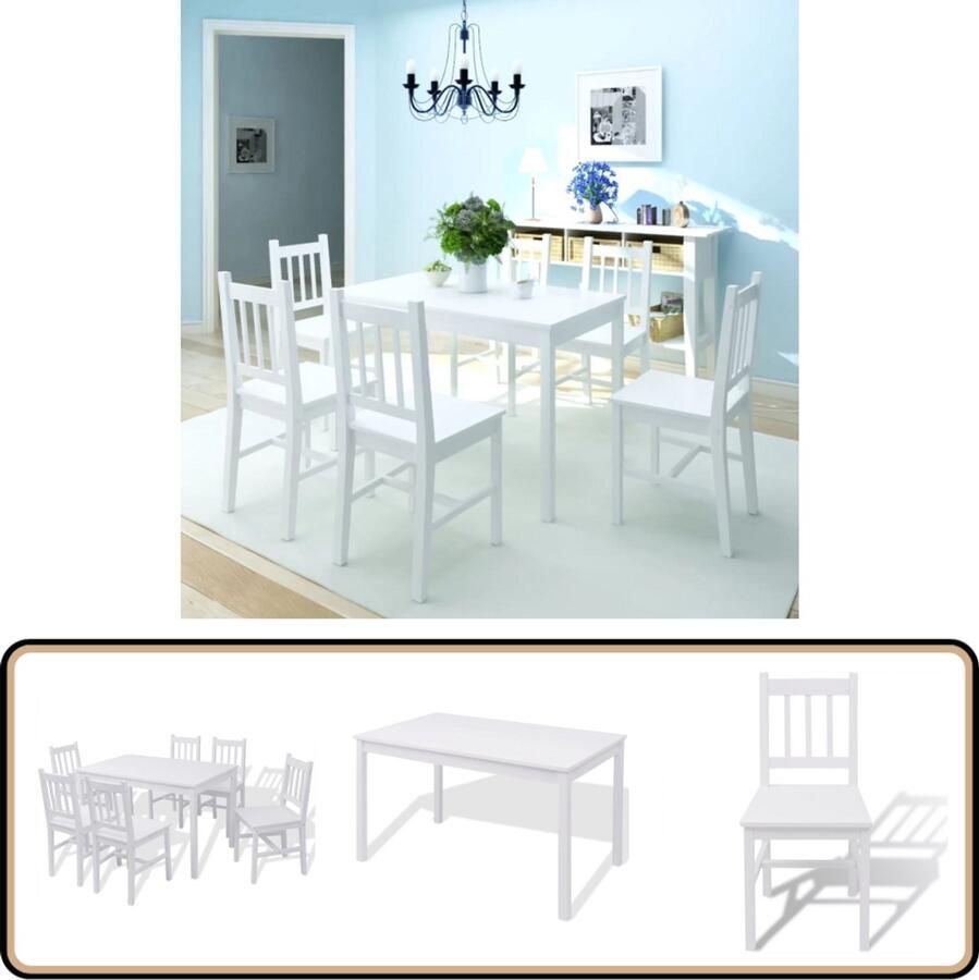 VidaXL Eetkamerset Grenenhout Wit 7-delig Eettafels Houten Meubilair Eetkamerservice Eetkamerset Salontafel