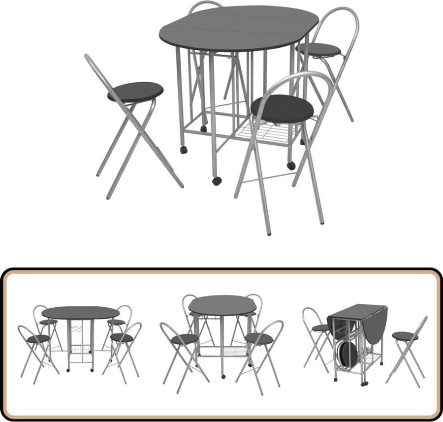 VidaXL Eetkamerset Opvouwbaar Zwart 5-delig Eetkamerset Zwarte Meubels Opvouwbare Tafel Mdf Meubilair Salontafel