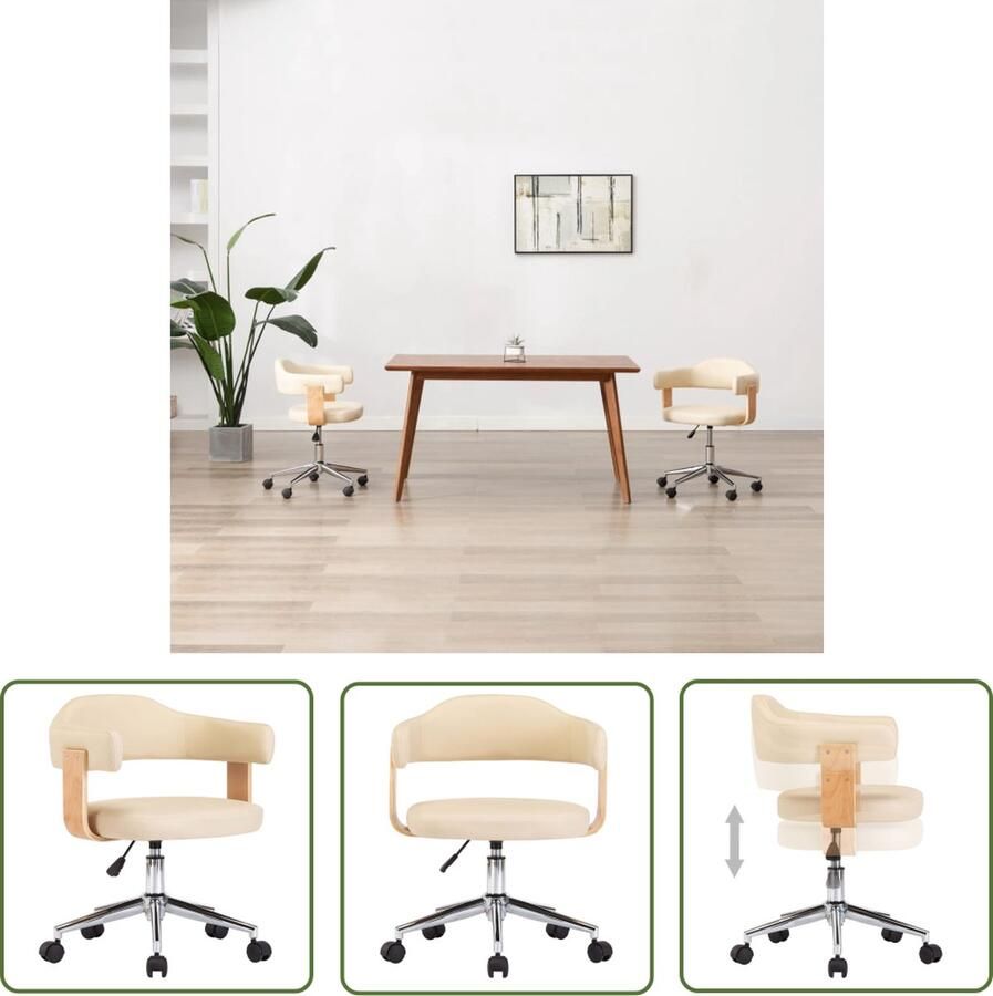 The Living Store Draaibare Eetkamerstoel Crème Kunstleer en Hout 49.5 x 51.5 x (94.5 115.5) cm 360 graden draaibaar Gasveermechanisme Montage vereist - Foto 2