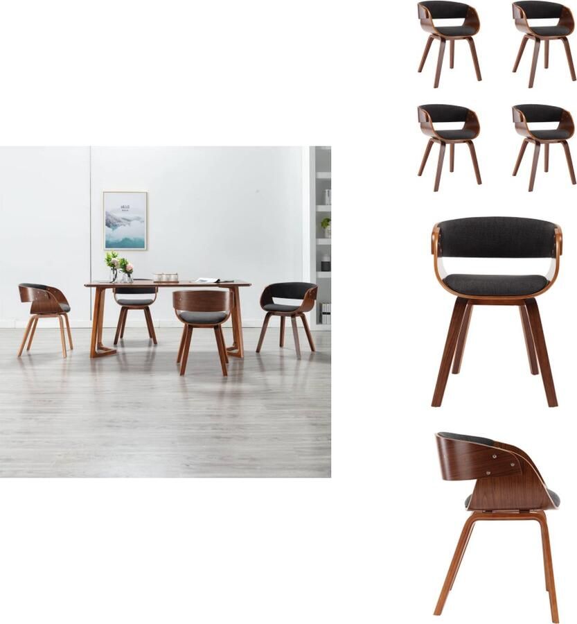 VidaXL Eetkamerstoel Eetkamerstoelen Bijzetstoel Bijzetstoelen Eetkamerstoelen 4 st gebogen hout en stof grijs - Foto 2