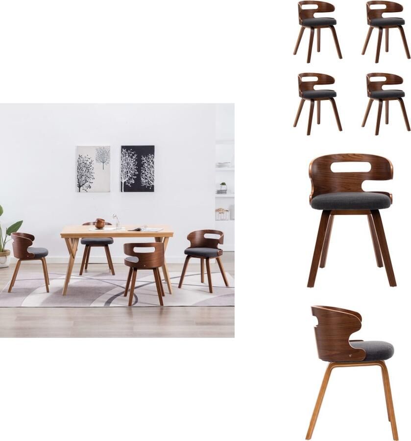 VidaXL Eetkamerstoel Eetkamerstoelen Bijzetstoel Bijzetstoelen Eetkamerstoelen 4 st gebogen hout en stof donkergrijs