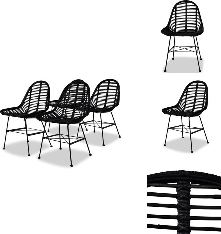 VidaXL Eetkamerstoelen Koloniale Stijl Set van 4 Zwart 49 x 56 x 84 cm Natuurlijke Rattan Zitting Smeedijzeren Poten Eetkamerstoel