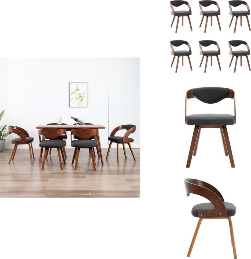 VidaXL Eetkamerstoel Eetkamerstoelen Bijzetstoel Bijzetstoelen Eetkamerstoelen 6 st gebogen hout en stof donkergrijs