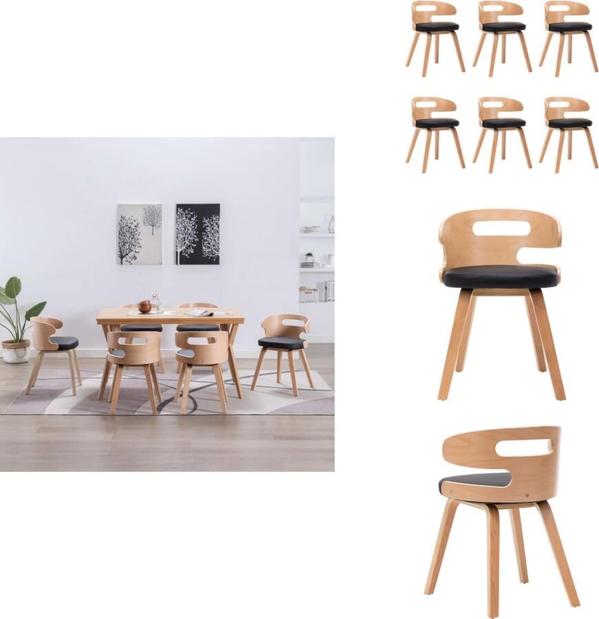 VidaXL Eetkamerstoel Eetkamerstoelen Bijzetstoel Bijzetstoelen Eetkamerstoelen 6 st gebogen hout en kunstleer zwart