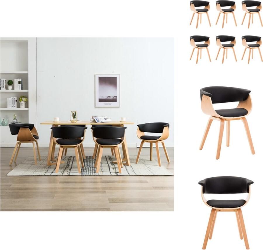 VidaXL Eetkamerstoel Eetkamerstoelen Bijzetstoel Bijzetstoelen Eetkamerstoelen 6 st gebogen hout en kunstleer zwart