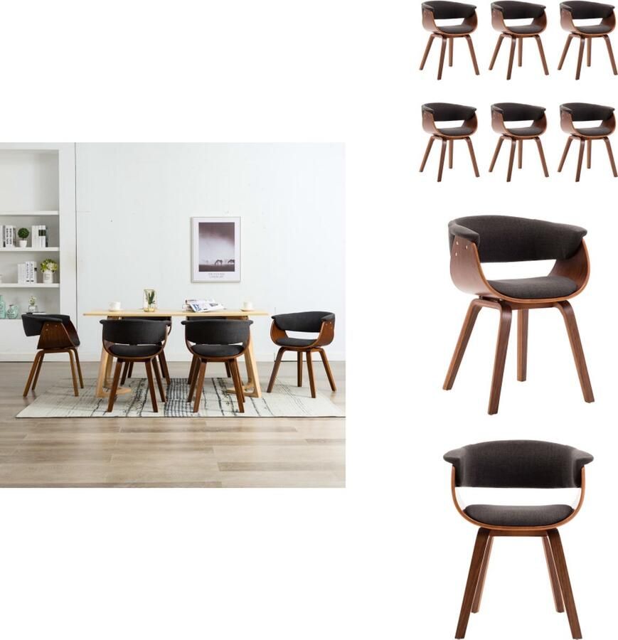 VidaXL Eetkamerstoel Eetkamerstoelen Bijzetstoel Bijzetstoelen Eetkamerstoelen 6 st gebogen hout en stof grijs