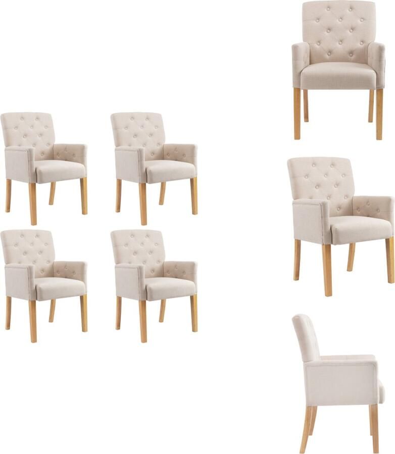 VidaXL Eetkamerstoel beige stof (100% polyester) en rubberwood 61 x 66 x 95 cm met armleuningen Eetkamerstoel