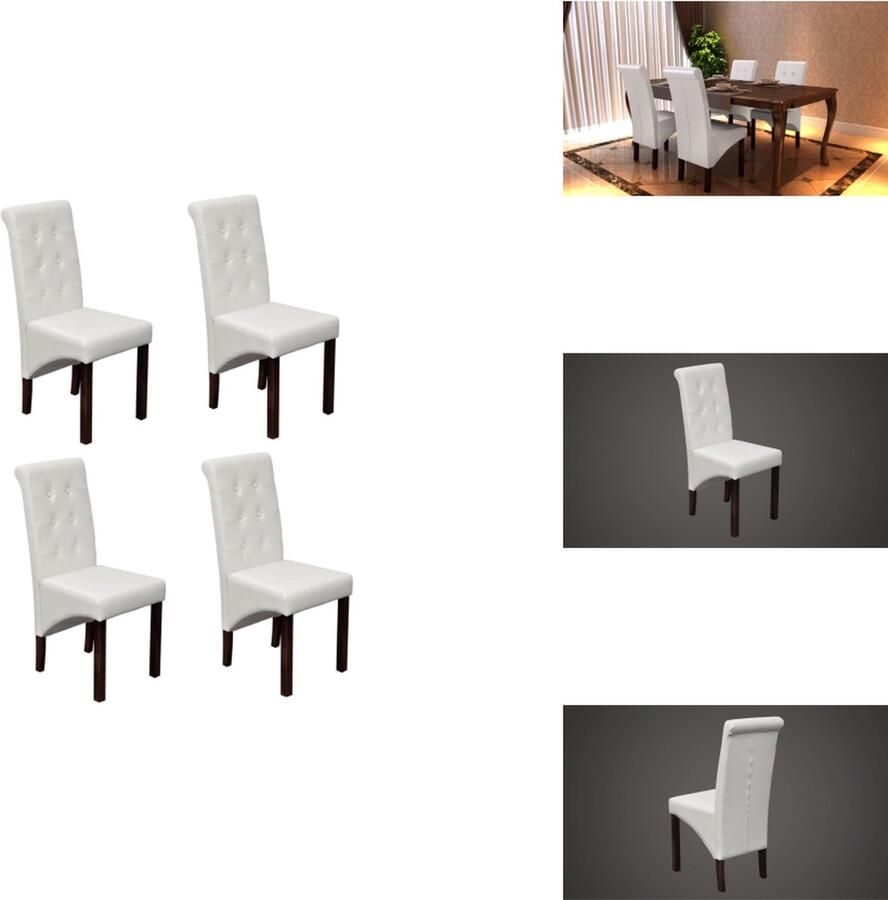 VidaXL Eetkamerstoelen Set van 4 Antiek design Ergonomische zitting en rugleuning Massief hout Donkerbruine poten Afgeronde hoeken Onderhoudsvriendelijk Synthetisch leer Wit 43x52x95cm Eetkamerstoel