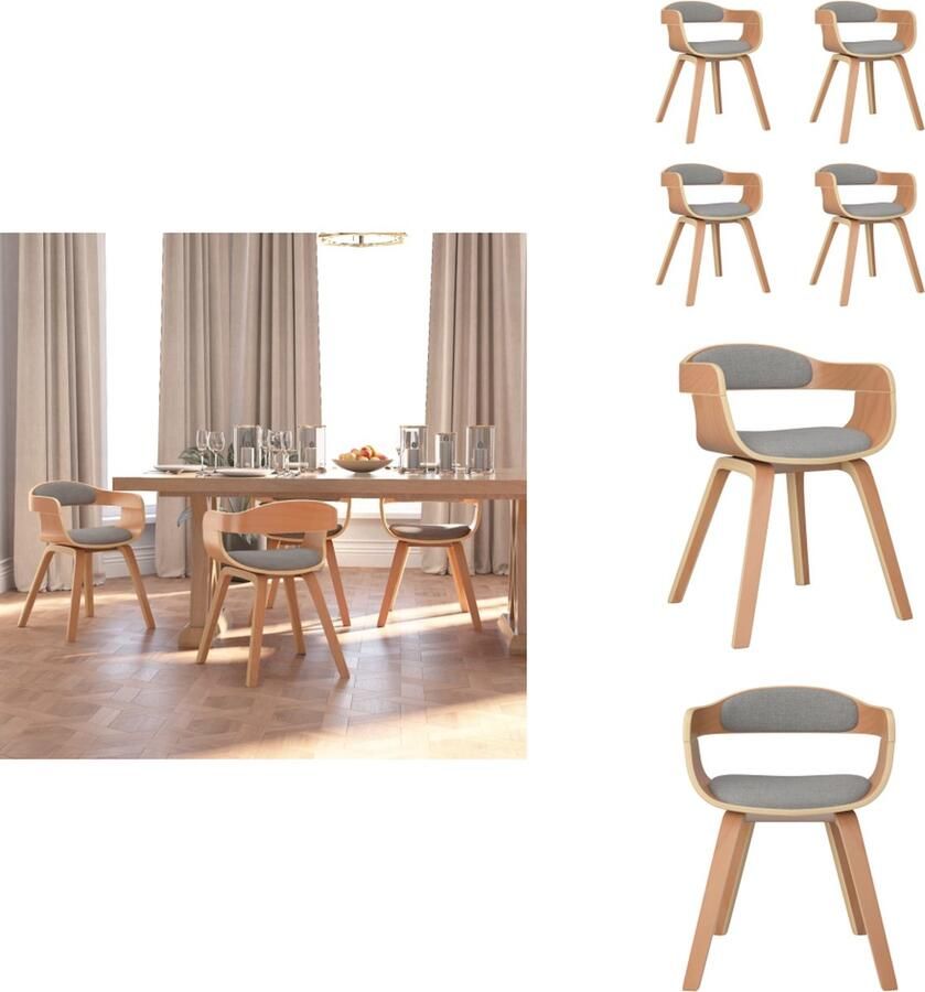 VidaXL Eetkamerstoel Eetkamerstoelen Eetzaalstoel Eetzaalstoelen Eetkamerstoelen 4 st gebogen hout en stof taupe