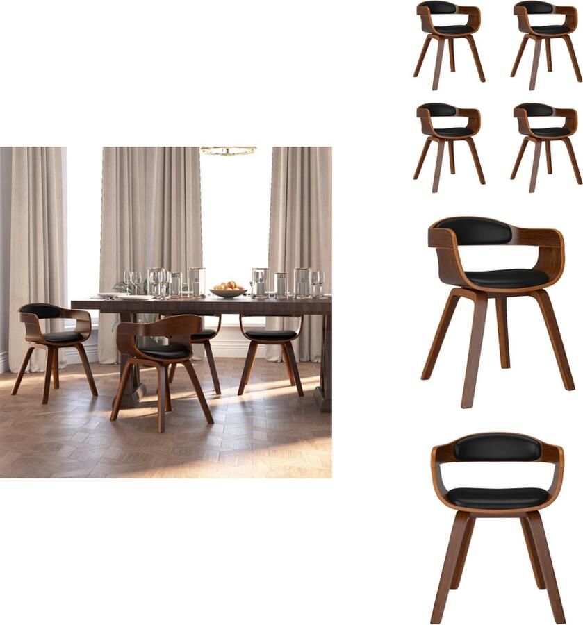 VidaXL Eetkamerstoel Eetkamerstoelen Eetzaalstoel Eetzaalstoelen Eetkamerstoelen 4 st gebogen hout en kunstleer zwart - Foto 2