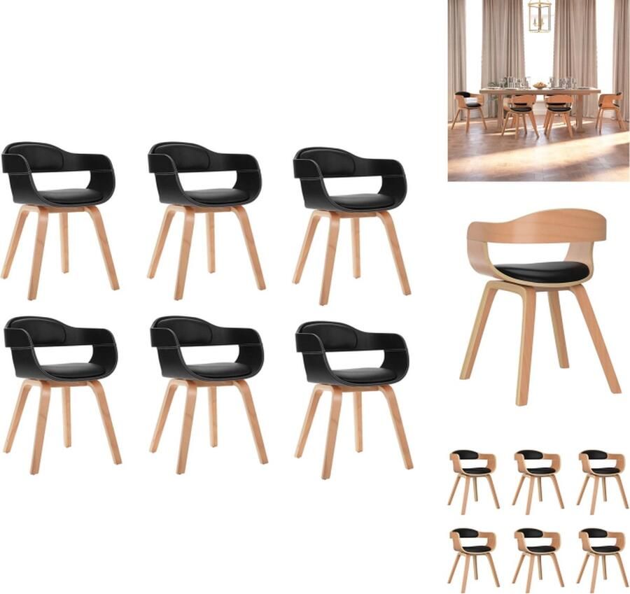 VidaXL Eetkamerstoel Eetkamerstoelen Eetzaalstoel Eetzaalstoelen Eetkamerstoelen 6 st gebogen hout en kunstleer zwart