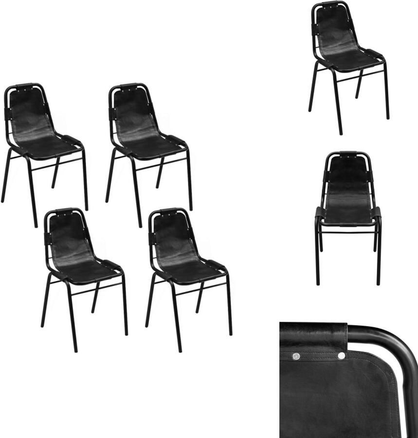 VidaXL Eetkamerstoel Eetkamerstoelen Keukenstoel Keukenstoelen Eetkamerstoelen 4 st echt leer zwart