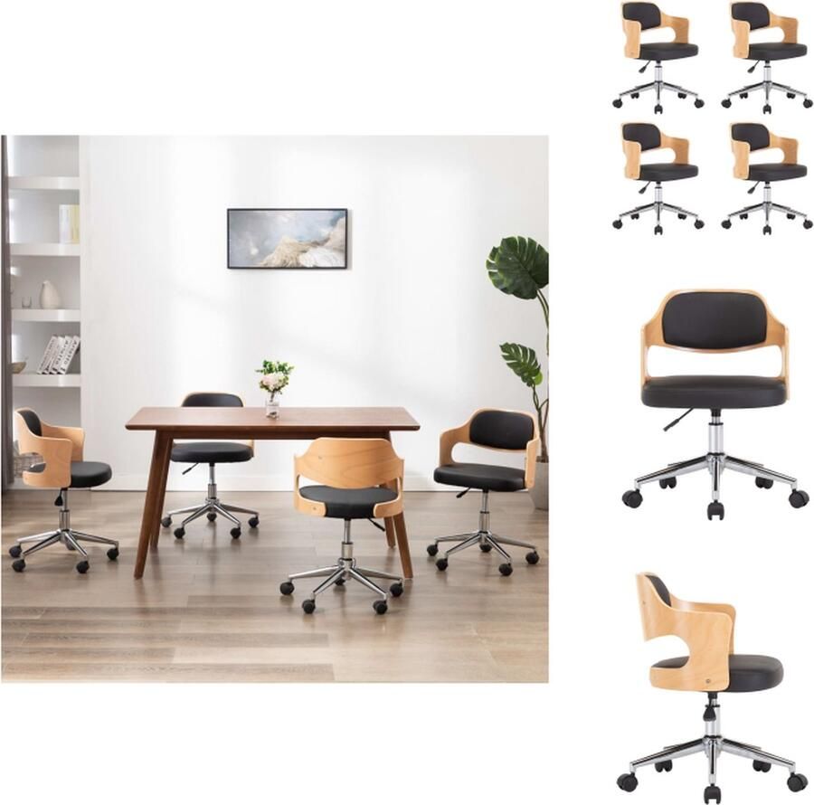 VidaXL Eetkamerstoel Eetkamerstoelen Keukenstoelen Keukenstoel Eetkamerstoelen 4 st draaibaar gebogen hout en kunstleer zwart