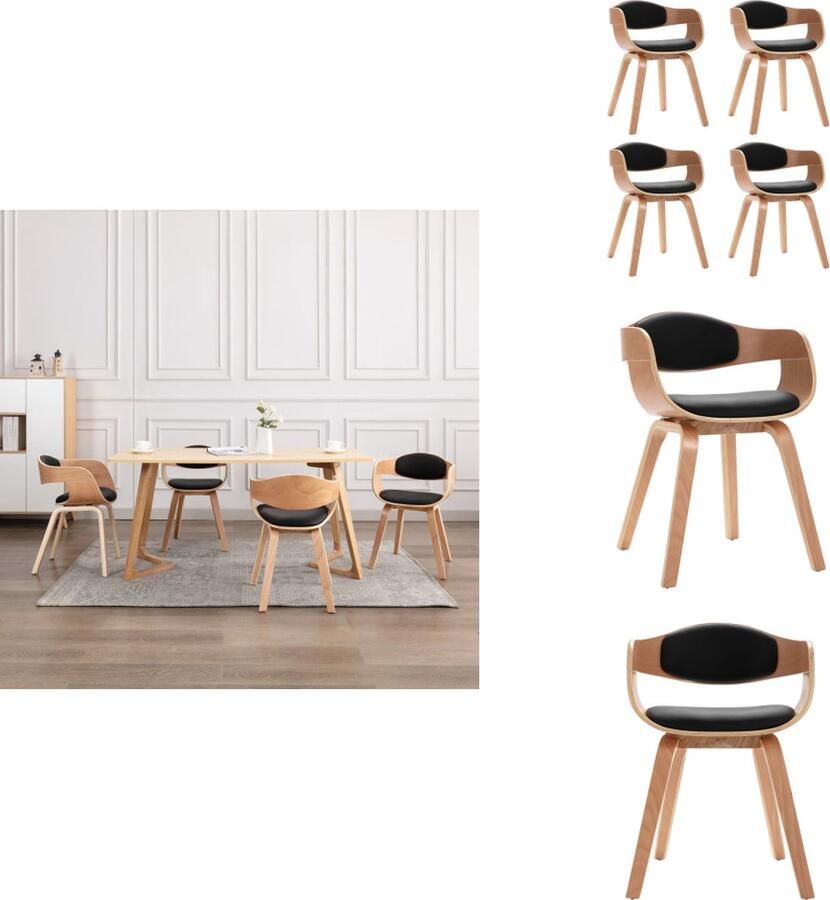 VidaXL Eetkamerstoelen Set van 4 Kunstleer Gebogen hout Ergonomisch ontwerp Zwart 49x51.5x71.5cm Eetkamerstoel