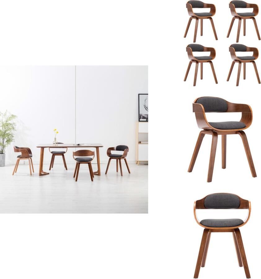 VidaXL Eetkamerstoel Eetkamerstoelen Keukenstoelen Keukenstoel Eetkamerstoelen 4 st stof en gebogen hout donkergrijs