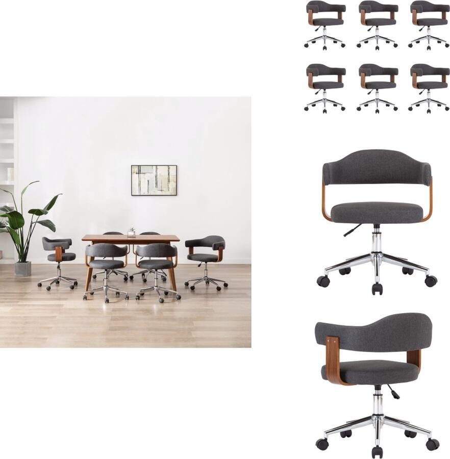 VidaXL Eetkamerstoel Eetkamerstoelen Keukenstoelen Keukenstoel Eetkamerstoelen 6 st draaibaar gebogen hout en stof grijs