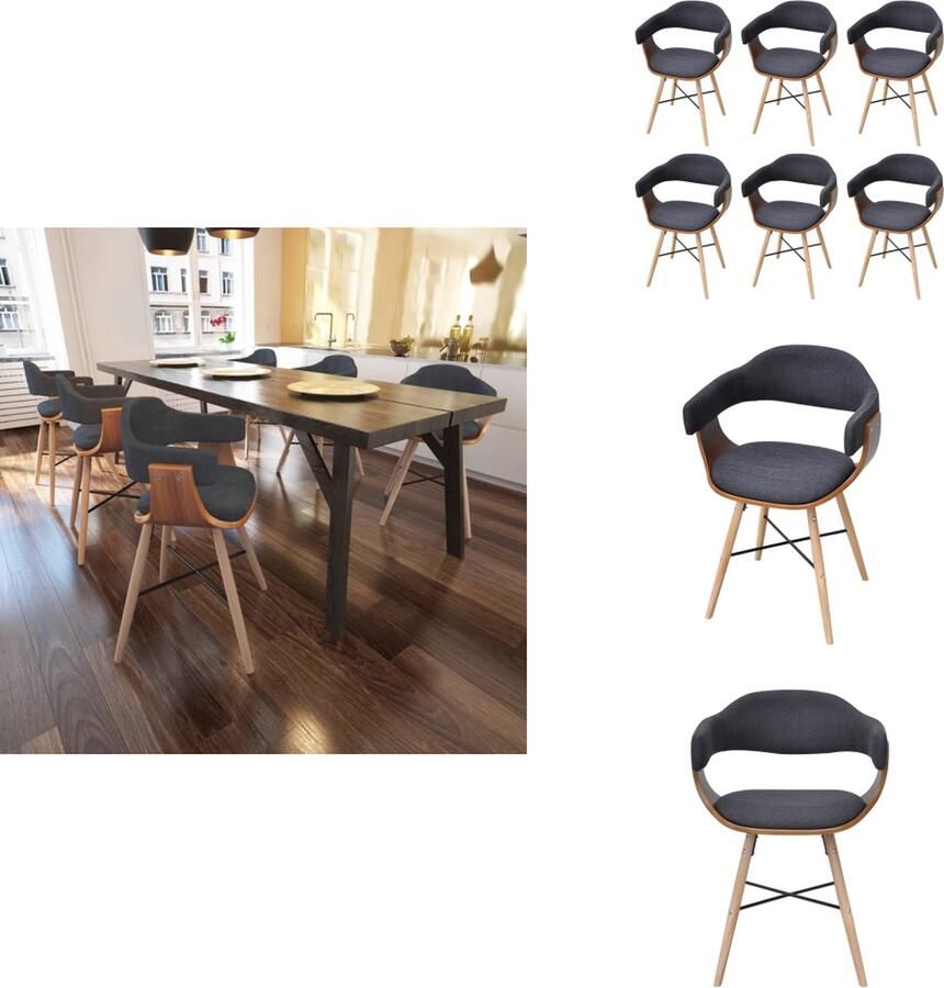 VidaXL Eetkamerstoel Eetkamerstoelen Keukenstoelen Keukenstoel Eetkamerstoelen 6 st gebogen hout en stof donkergrijs