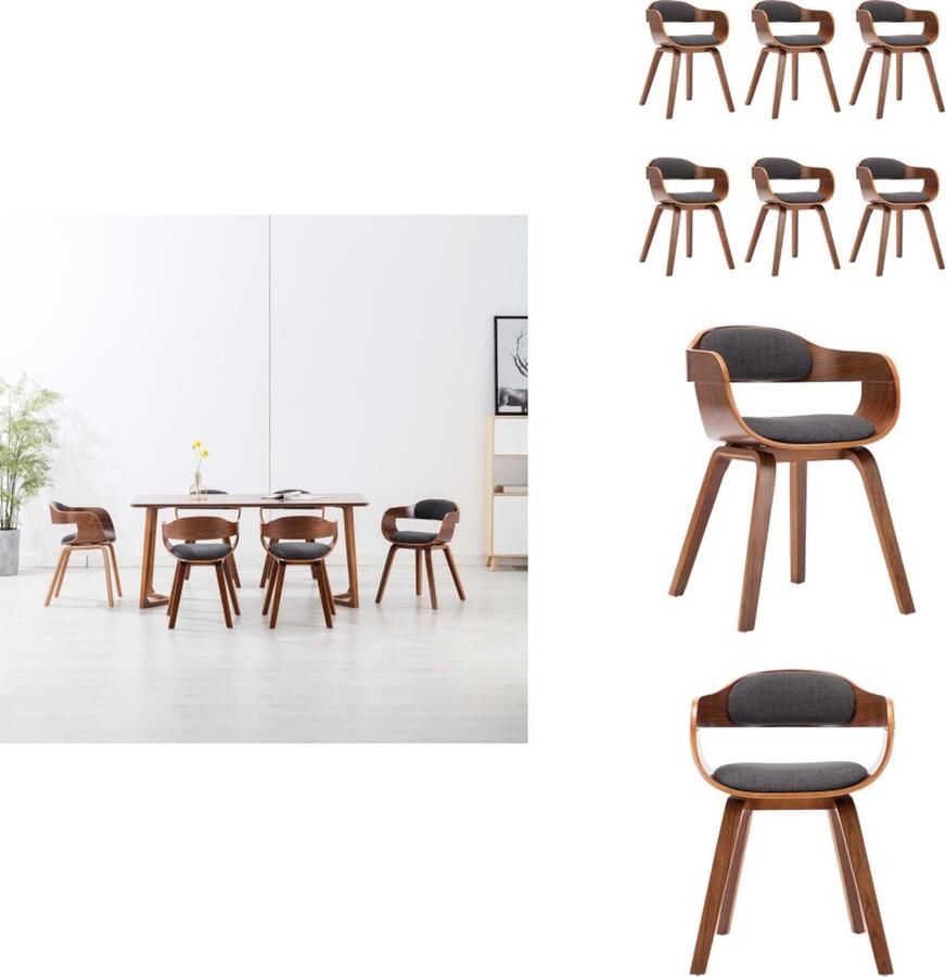 VidaXL Eetkamerstoel Eetkamerstoelen Keukenstoelen Keukenstoel Eetkamerstoelen 6 st stof en gebogen hout donkergrijs - Foto 2