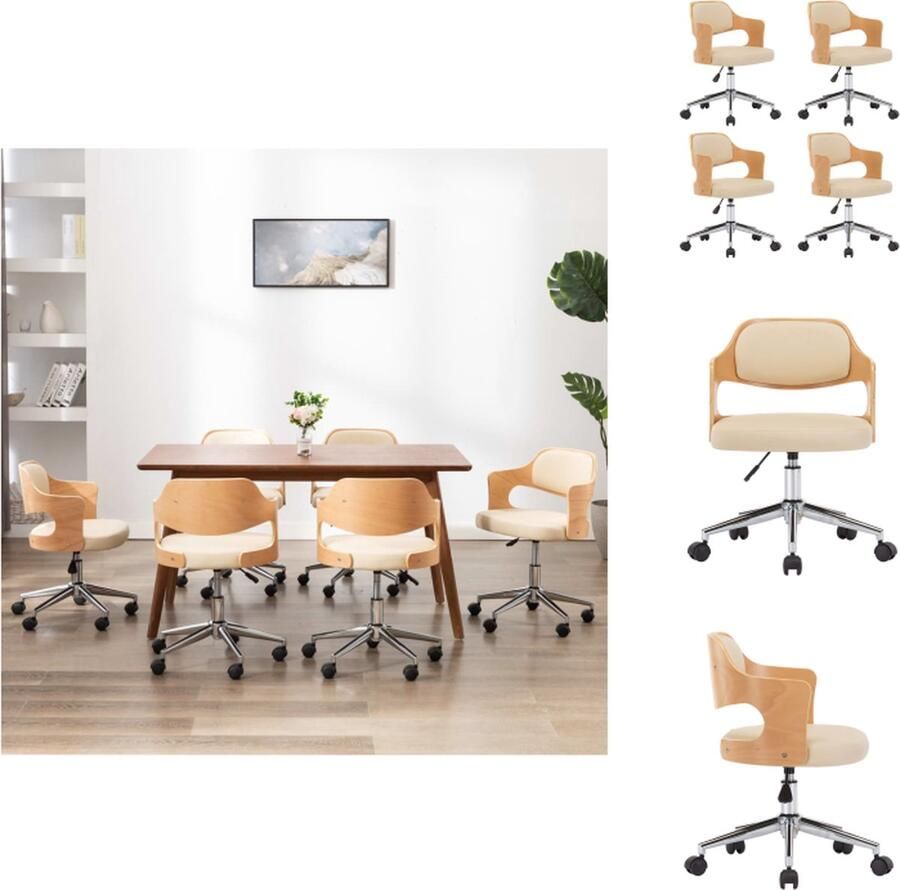 VidaXL Eetkamerstoel Eetkamerstoelen Keukenstoelen Keukenstoel Eetkamerstoelen draaibaar 4 st gebogen hout en kunstleer crème