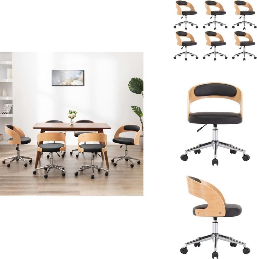 VidaXL Eetkamerstoel Eetkamerstoelen Keukenstoelen Keukenstoel Eetkamerstoelen draaibaar 6 st gebogen hout en kunstleer zwart