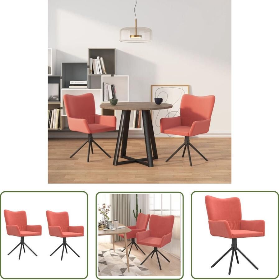 The Living Store Draaibare Eetkamerstoel Zacht Fluweel Stevig en Stabiel Frame Comfortabel 360 graden Draaibaar Roze 55 x 56 x 85.5 cm (B x D x H) Set van 2 eetkamerstoelen - Foto 2