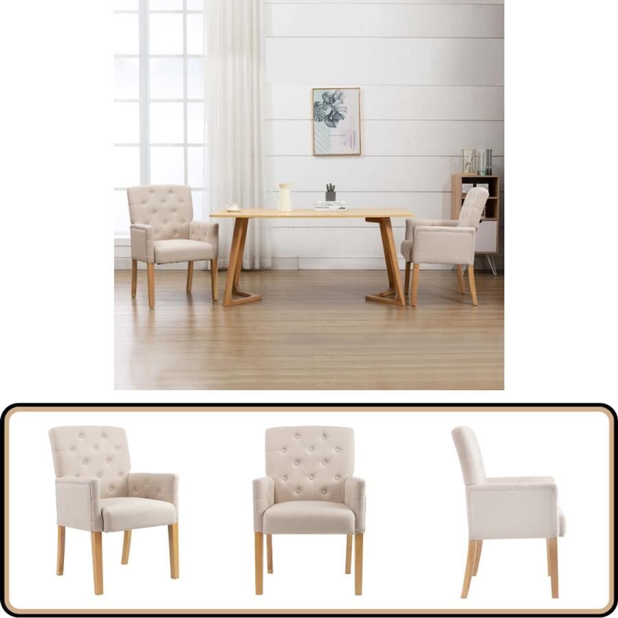 VidaXL Eetkamerstoel Stof Beige Met Armleuningen Eettafelstoel Eetkamerstoel Lounge Chair Bureaustoel Stoffen Stoel
