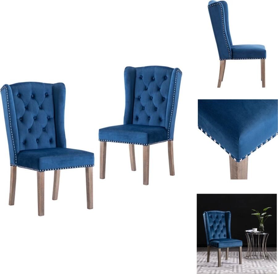 VidaXL Eetkamerstoel Klassiek Blauw Fluweel 55 x 69 x 108.5 cm Massief rubberwood 2 stuks Eetkamerstoel