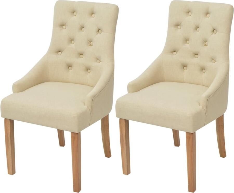 VidaXL Eetkamerstoelen 2 stuks Crèmekleurig Stof Eettafelstoel Eetkamerstoel Lounge Chair Comfortabele Stoel Creme Fauteuil Landelijke Stijl Houten Pootjes Gestoffeerd Luxe Stoel - Foto 2