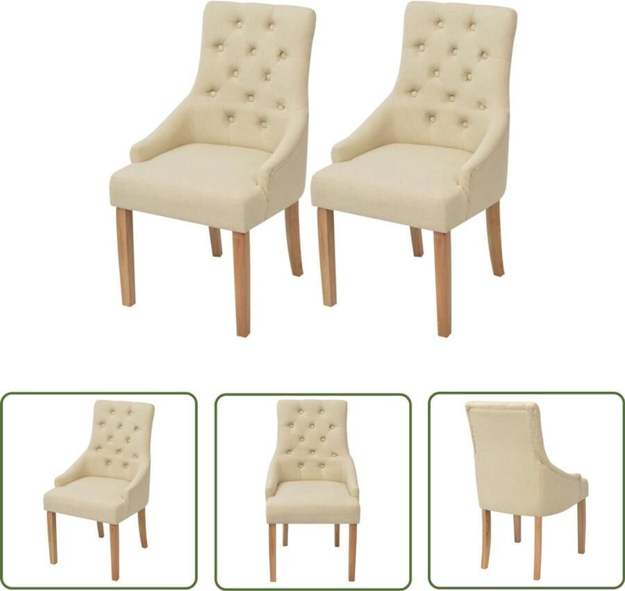 VidaXL Eetkamerstoelen 2 stuks Crèmekleurig Stof Eettafelstoel Eetkamerstoel Lounge Chair Comfortabele Stoel Creme Fauteuil Landelijke Stijl Houten Pootjes Gestoffeerd Luxe Stoel